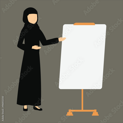 A flat illustration of a woman in an abaya and hijab is presenting on a whiteboard. She is standing beside the whiteboard and pointing at it with her hand.