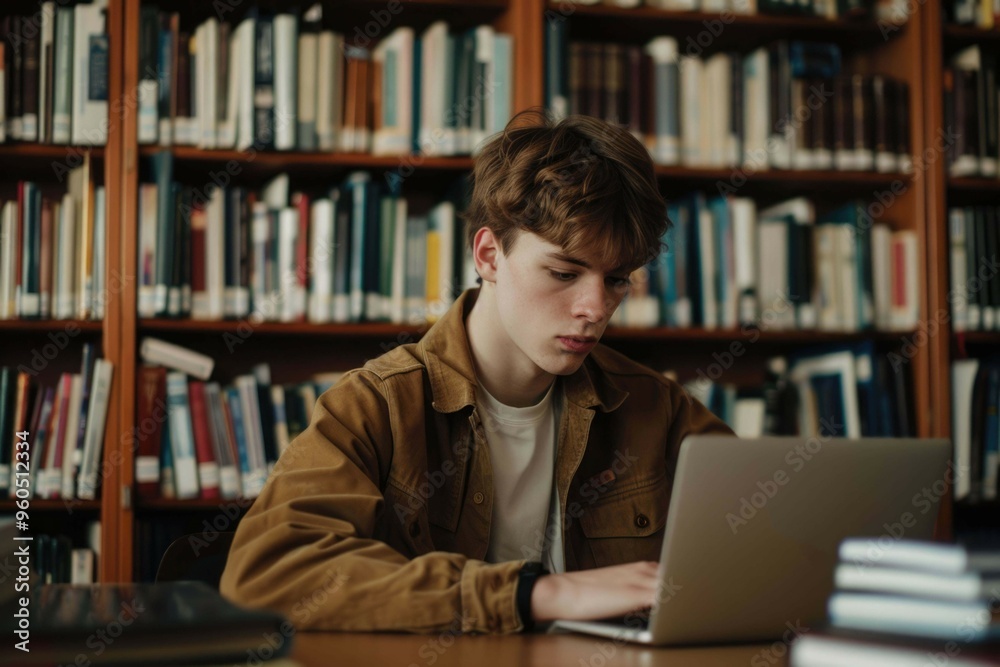 Handsome Male Student With Laptop no logo and Books Working in a High School Library Handsome Male Student With Laptop no logo and Books Working in a High School Library