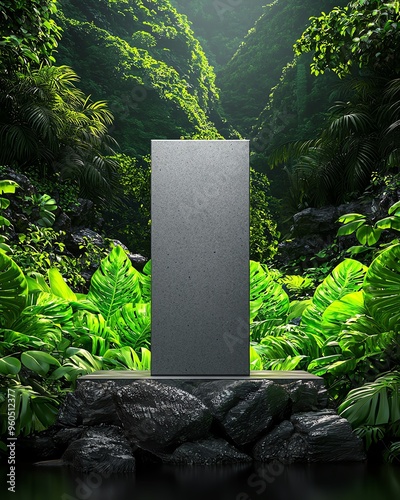 A mysterious stone monolith surrounded by lush greenery in a dense jungle, evoking a sense of wonder and exploration. photo