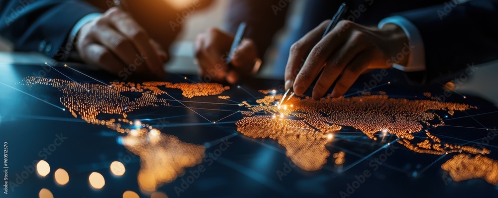 Naklejka premium A detailed map with illuminated regions, showcasing a strategic planning session by business professionals.