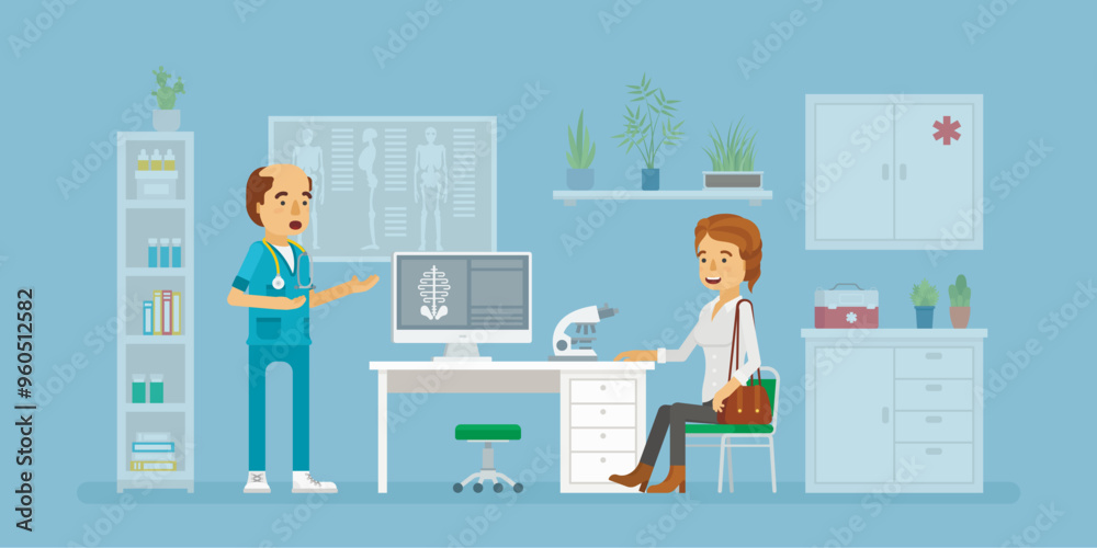 Therapist and patient consultation in doctors office concept in flat cartoon style