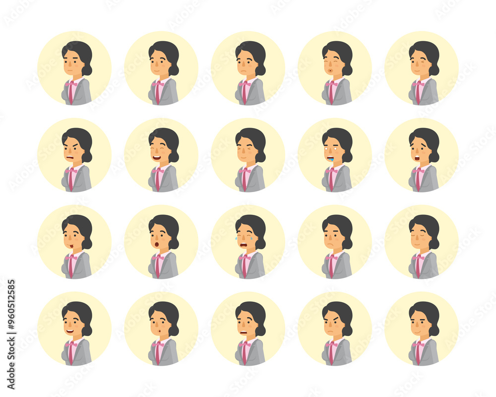 Vector young adult woman avatars and emoticons set in flat style, side view. Vector young adult woman avatars and emoticons set in flat style, side view.