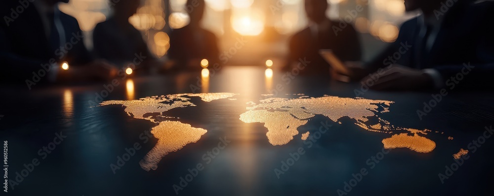 A detailed map illuminated on a table during a business meeting, showcasing global connections and strategic discussions. A detailed map illuminated on a table during a business meeting, showcasing global connections and strategic discussions.