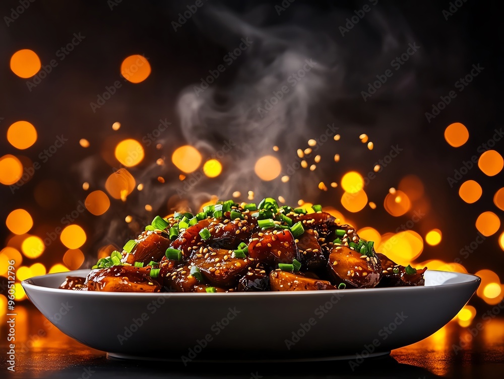 A serving of braised eggplant in garlic sauce, garnished with green onions and sesame seeds, served in a shallow white bowl A serving of braised eggplant in garlic sauce, garnished with green onions and sesame seeds, served in a shallow white bowl