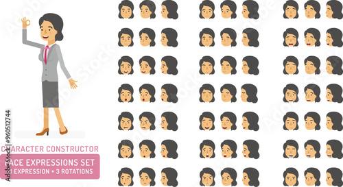 Vector young adult woman in office suit character face expressions set in flat style: front, half-side and side view.