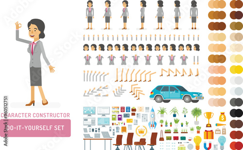 Vector young adult woman in office suit do-it-yourself creation kit. Full length, gestures, emotions - all character constructor elements for building your own design for infographic illustrations.