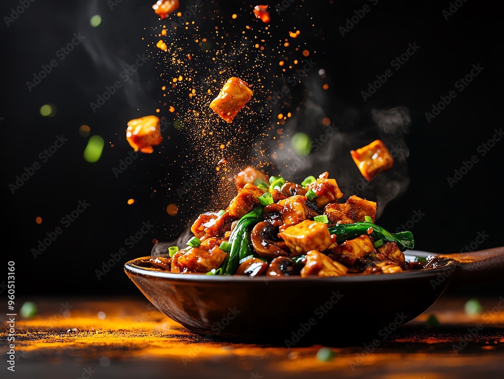 A serving of braised tofu with mushrooms and baby bok choy, served in a clay pot and garnished with green onions A serving of braised tofu with mushrooms and baby bok choy, served in a clay pot and garnished with green onions