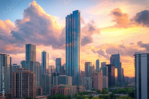 Sunset over modern city tall building