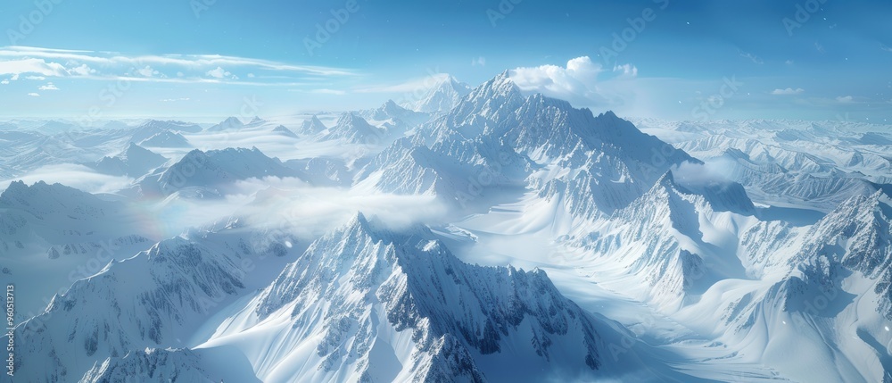 Obraz premium Majestic Snow-Covered Mountain Range Aerial View in