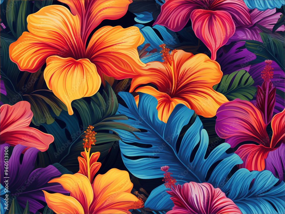 Vibrant tropical floral pattern featuring hibiscus and lush leaves on a dark background Vibrant tropical floral pattern featuring hibiscus and lush leaves on a dark background