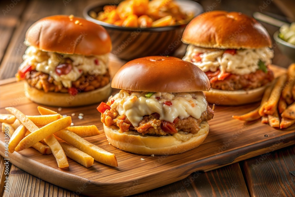 Three cheeseburgers with french fries on wooden board classic comfort food Three cheeseburgers with french fries on wooden board classic comfort food