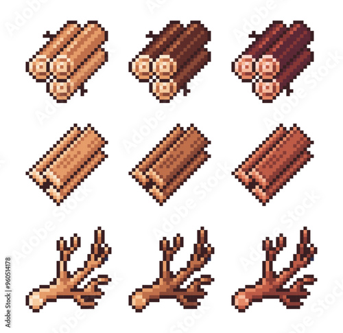 Pixel art icons and assets of wood, logs, boards, branches