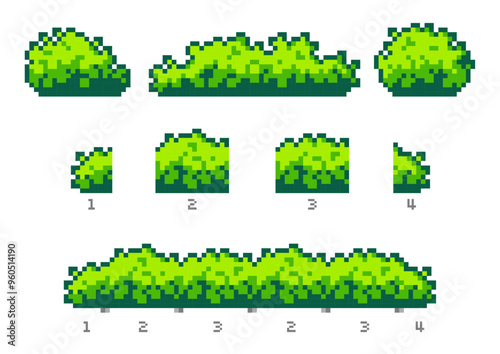 Set and constructor of pixel art sprites of bushes. Game assets for filling 2D game locations