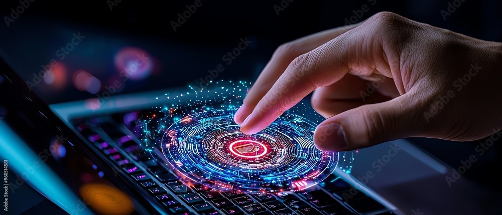 A hand interacts with a digital display, showcasing advanced technology and futuristic holographic graphics in a dark environment. A hand interacts with a digital display, showcasing advanced technology and futuristic holographic graphics in a dark environment.