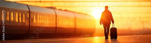 A traveler walks towards a train at sunset, creating a serene and inspiring scene of journey and adventure.