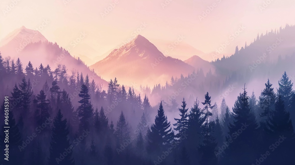 Obraz premium foggy magical forest with pine trees in soft pastel color illustration