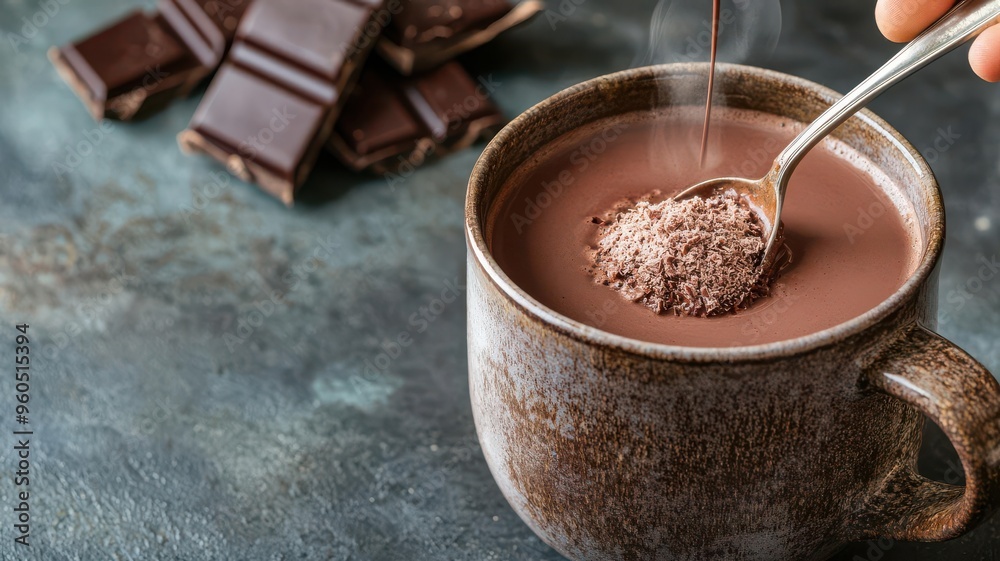 A steaming pot of rich, velvety hot cocoa being poured into a rustic mug, with a spoon stirring in freshly grated chocolate A steaming pot of rich, velvety hot cocoa being poured into a rustic mug, with a spoon stirring in freshly grated chocolate