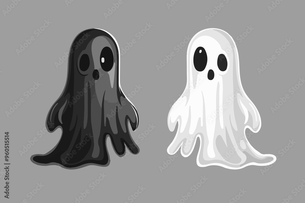 Two ghosts, black and white, resembles a man in a sheet. A cartoon character for Halloween