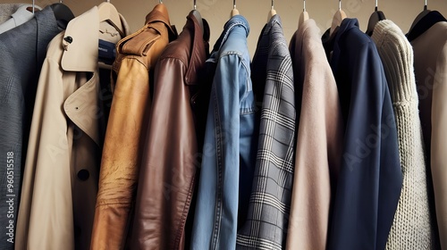 A row of clothes hanging on a rack. There are various clothing items, including a trench coat, a leatherjacket, a denim jacket, a blazer and a sweater. photo