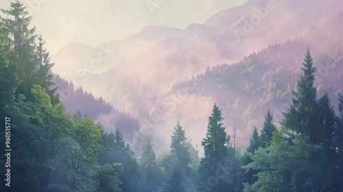 foggy magical forest with pine trees in soft pastel color illustration