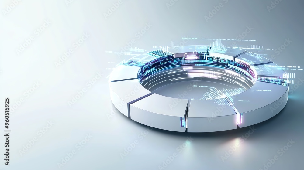 Futuristic circular structure with glowing elements and digital data streams, ideal for technology and innovation themes.