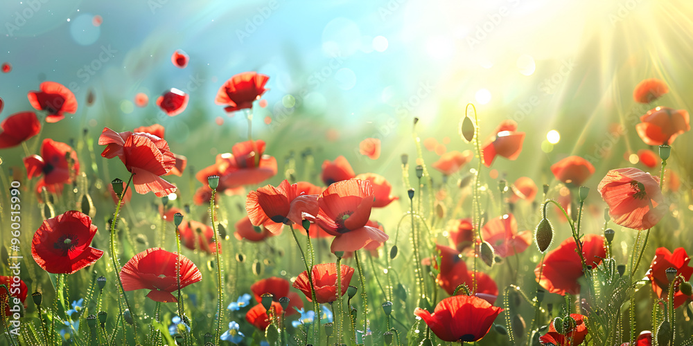 Fototapeta premium Red poppy flowers against the blue sky, red poppy flowers, blue sky, vibrant flowers, poppy field, floral contrast, red blooms, sky