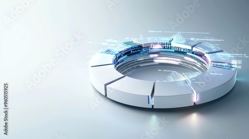 Futuristic circular structure with glowing elements and digital data streams, ideal for technology and innovation themes. photo