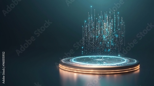 A futuristic holographic display with vibrant data streams emerging from a circular base, perfect for technology and innovation themes.