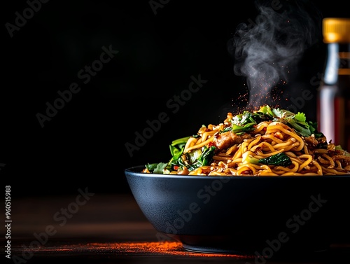 A serving of spicy Sichuanstyle dan dan noodles, with minced pork, chili oil, and fresh greens, served with a side of pickled vegetables photo