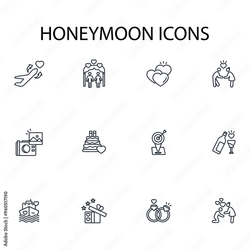 Honeymoon icon set.vector.Editable stroke.linear style sign for use web design,logo.Symbol illustration. Honeymoon icon set.vector.Editable stroke.linear style sign for use web design,logo.Symbol illustration.