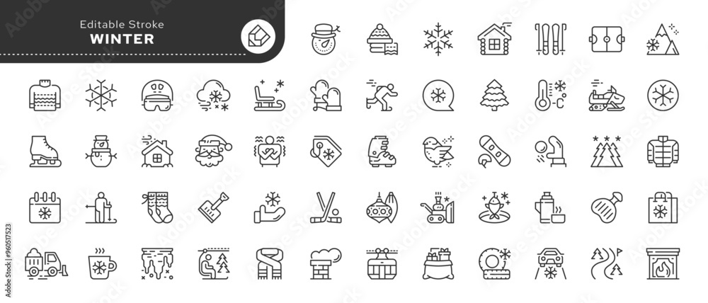Winter line icon set. Snow, snowflake, cold, frost, icicle, snowman and more. Outline vector icon in linear style. Conceptual pictogram collection. Winter line icon set. Snow, snowflake, cold, frost, icicle, snowman and more. Outline vector icon in linear style. Conceptual pictogram collection.