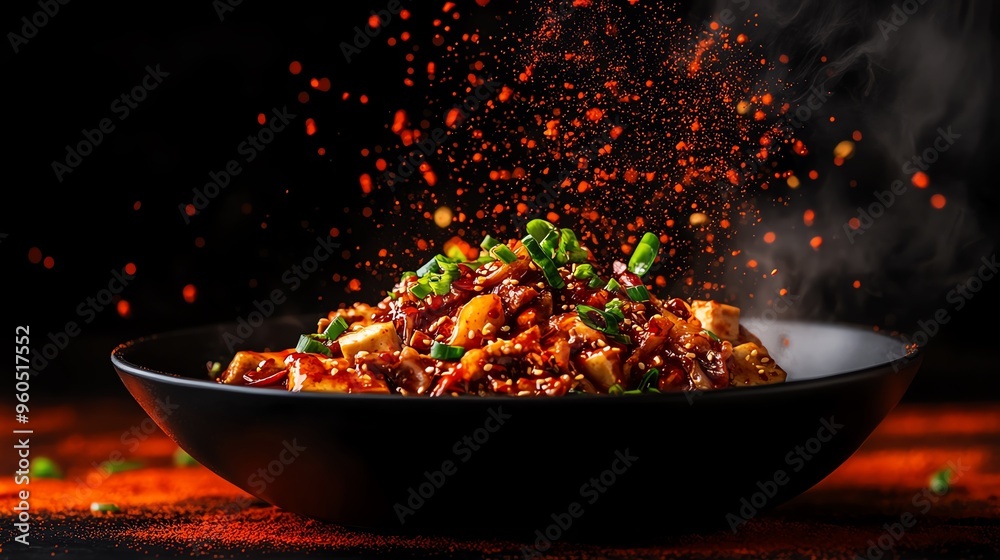 Spicy Sichuan hotpot with a variety of ingredients like tofu, mushrooms, and thinly sliced beef, bubbling with red chili oil Spicy Sichuan hotpot with a variety of ingredients like tofu, mushrooms, and thinly sliced beef, bubbling with red chili oil