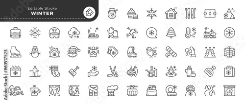 Winter line icon set. Snow, snowflake, cold, frost, icicle, snowman and more. Outline vector icon in linear style. Conceptual pictogram collection.