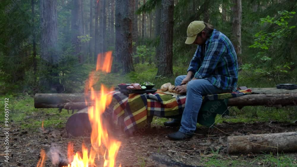 a man on a picnic in the woods in the fall makes sandwiches and warms himself by the fire a man on a picnic in the woods in the fall makes sandwiches and warms himself by the fire