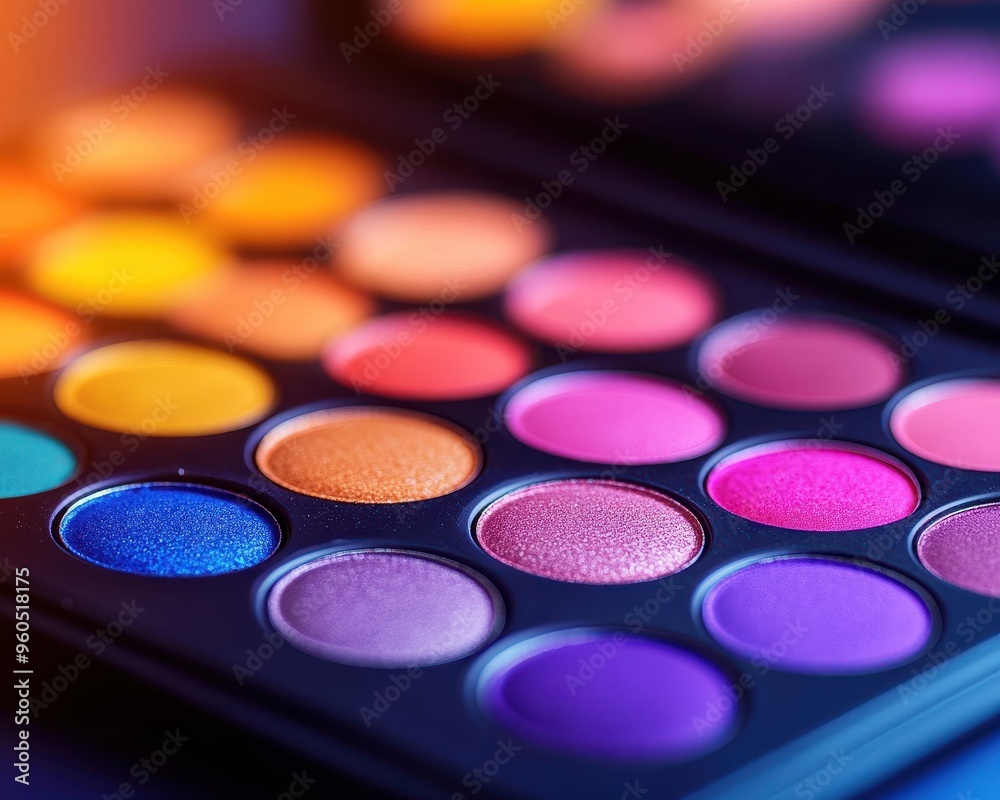 A vibrant collection of eyeshadow colors arranged in a palette, showcasing rich hues for creative makeup application. A vibrant collection of eyeshadow colors arranged in a palette, showcasing rich hues for creative makeup application.