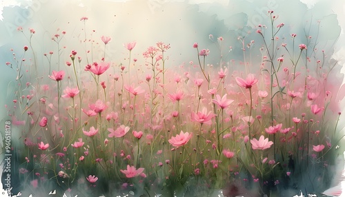 Dreamy field of delicate pink wildflowers in soft watercolor with a blurred ethereal background