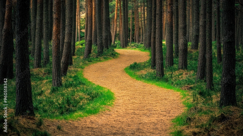 Obraz premium Winding Path Through Lush Pine Forest