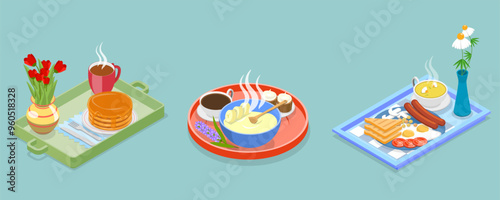 3D Isometric Flat Vector Illustration of Delightful Breakfast, Cozy Morning Ritual