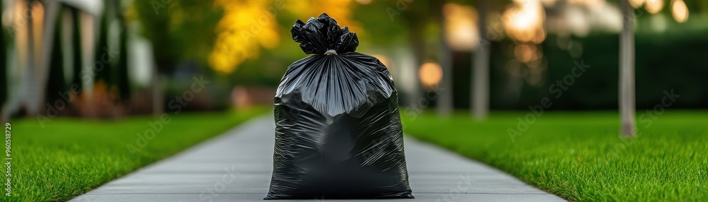 Fototapeta premium A black garbage bag placed on a pathway, surrounded by green grass and trees, illustrating waste disposal in an urban environment.