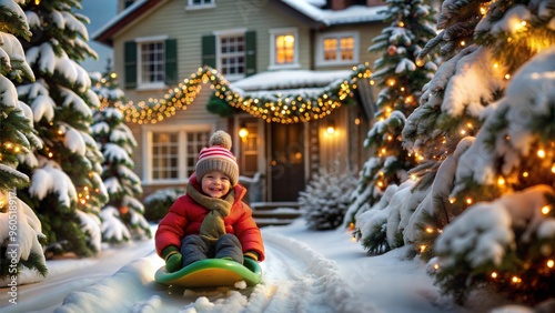 Happy child sledding down a snowy pathway in front of a decorated house with Christmas lights 