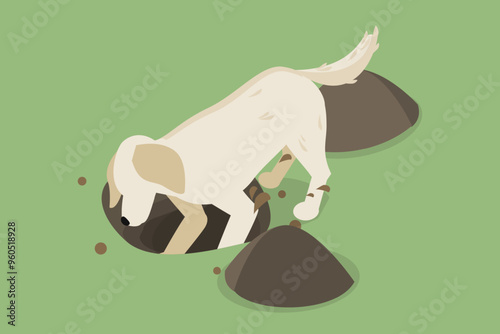 3D Isometric Flat Vector Illustration of Dog Digging a Hole in Soil, Wagging Tail Embodying Joy