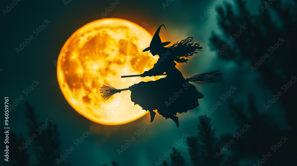 Fototapeta premium Witch flying on broomstick against full moon backdrop creates mystical atmosphere. silhouette adds touch of enchantment to night sky.