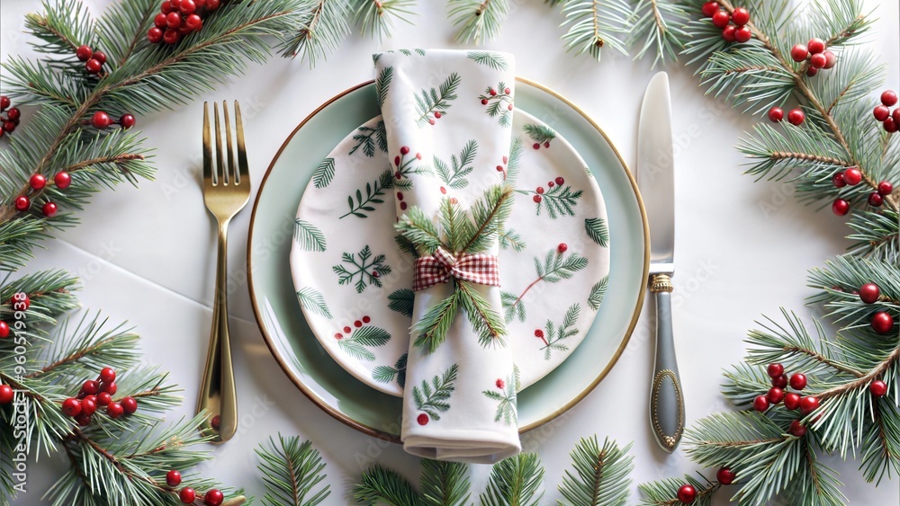Beautifully arranged Christmas dinner table setting with festive napkin and decorative greenery Beautifully arranged Christmas dinner table setting with festive napkin and decorative greenery
