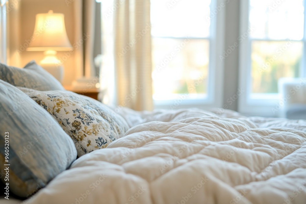 Sunlight streams through large windows, illuminating a cozy bedroom with a soft quilt, inviting pillows, and a calming atmosphere perfect for relaxation Sunlight streams through large windows, illuminating a cozy bedroom with a soft quilt, inviting pillows, and a calming atmosphere perfect for relaxation