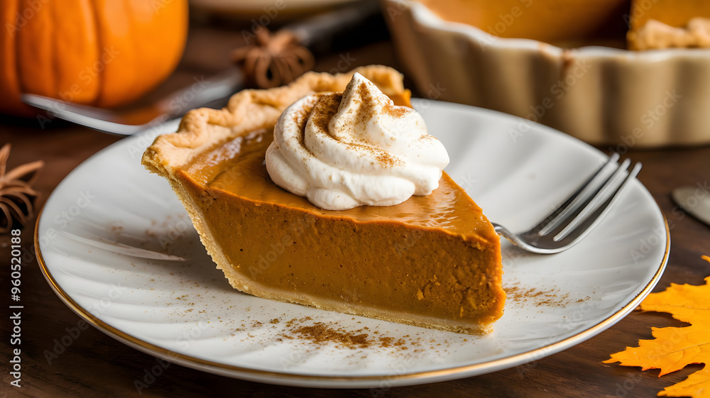 A slice of pumpkin pie with a dollop of whipped cream and a sprinkle of cinnamon, served on a white dessert plate with a fork on the side. A slice of pumpkin pie with a dollop of whipped cream and a sprinkle of cinnamon, served on a white dessert plate with a fork on the side.