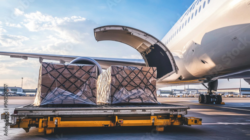 Cargo pallets are being loaded into the open hold of a large aircraft at an airport. The scene highlights air freight logistics, with boxes securely wrapped and prepared for international transport.