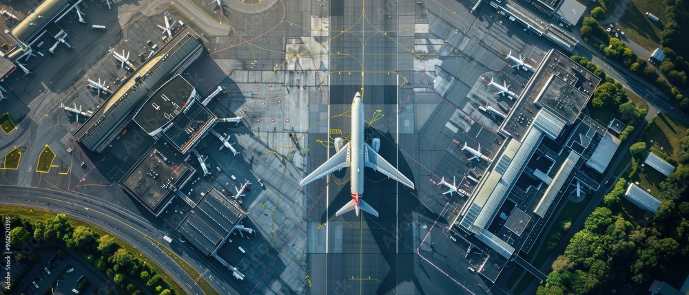 Fototapeta premium Futuristic Airport Aerial View - High- Image with Runways, Terminals, and Planes Ready for Takeoff