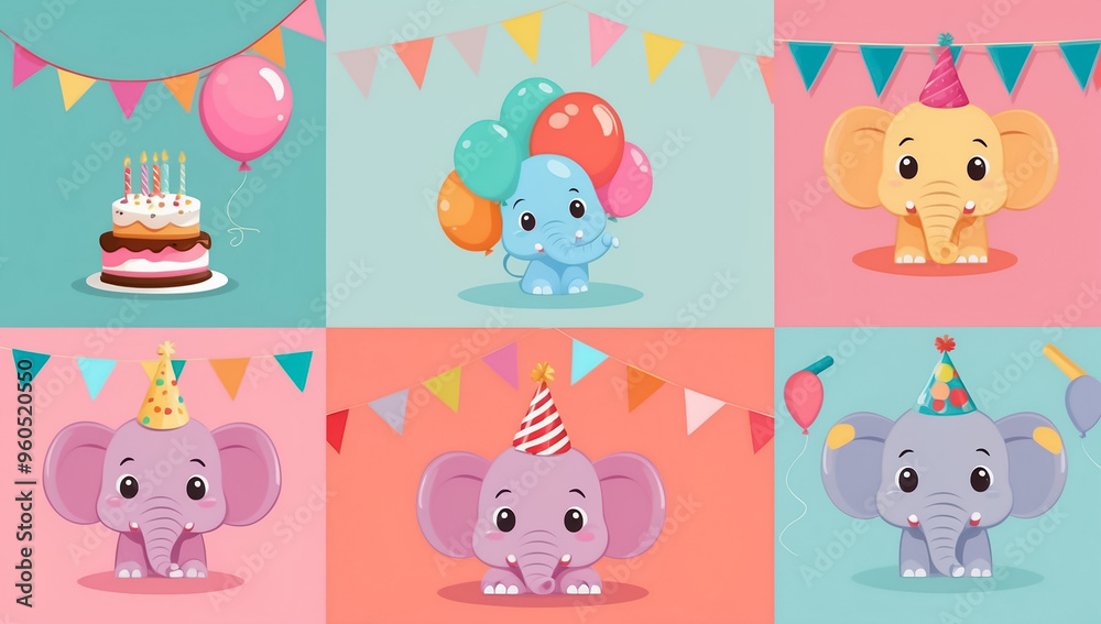 cute cartoon elephant with cake, birthday flat design illustration cute cartoon elephant with cake, birthday flat design illustration
