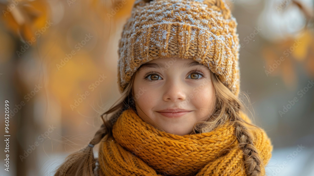 Young girl in a cozy hat and scarf smiles warmly among golden autumn leaves in a serene outdoor setting. Generative AI Young girl in a cozy hat and scarf smiles warmly among golden autumn leaves in a serene outdoor setting. Generative AI
