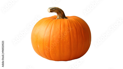 Single bright orange pumpkin with textured skin and greenish-brown stem, isolated on black background, round gourd, perfect for Halloween and autumn harvest decorations, organic seasonal produce